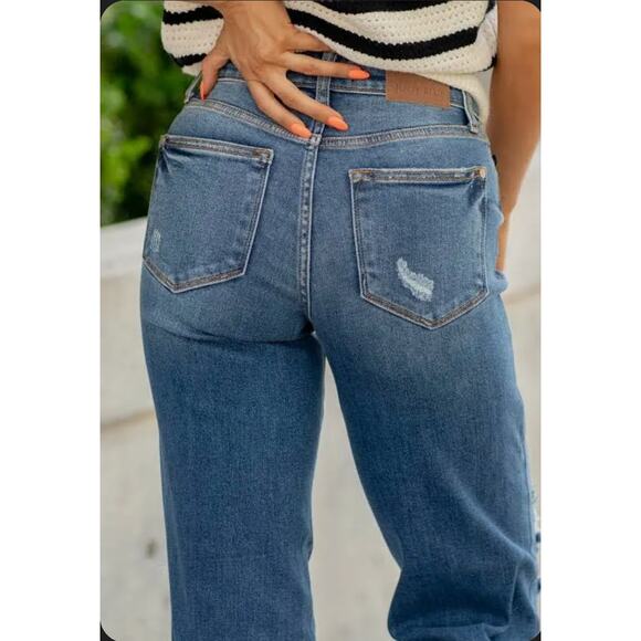 Judy Blue Honey Mid Rise Dad Jean‎ Size 14W (32x32) Distressed Raw Hem Stretchy - Picture 5 of 12